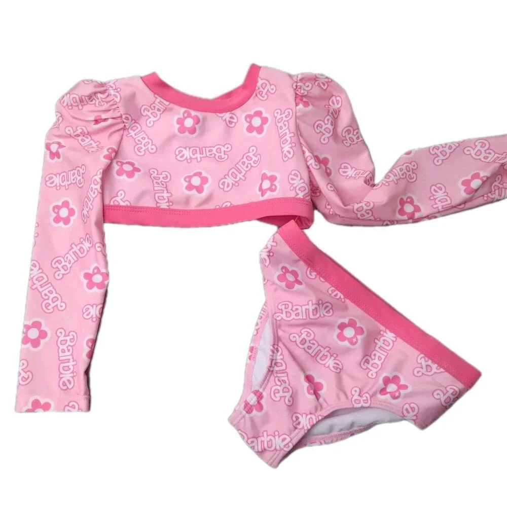 Girls Swimsuit Barbie Toddler Size 4T Bikini Two Piece Set Long Sleeve Sunblock